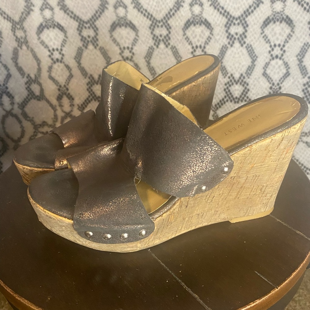 Nine West gold platform cork wedge